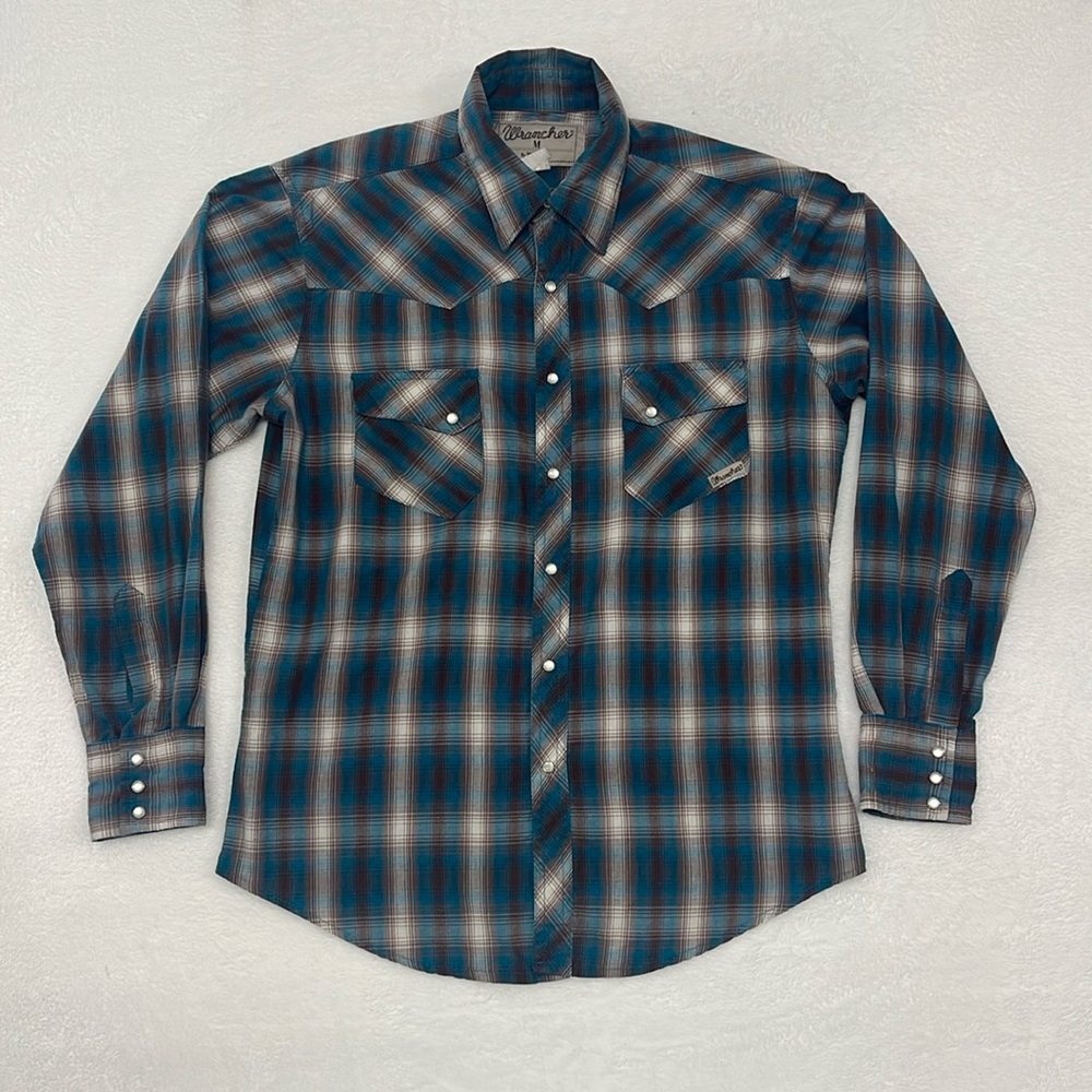 Wrancher by Wrangler Plaid Pearl Snap Shirt Mens L Blue/Brown Sz Medium